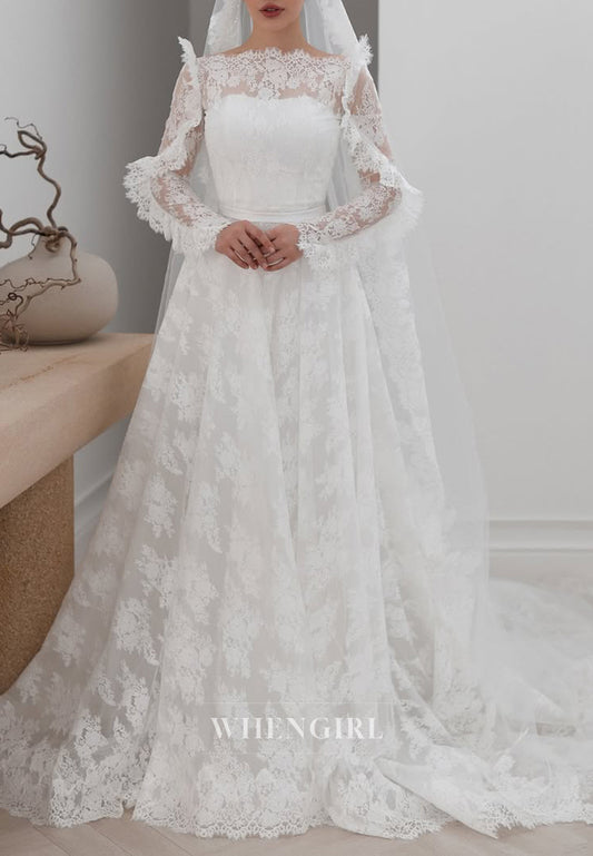 A-Line Bateau Neck Long Sleeves Appliqued Lace Wedding Dress with Court Train