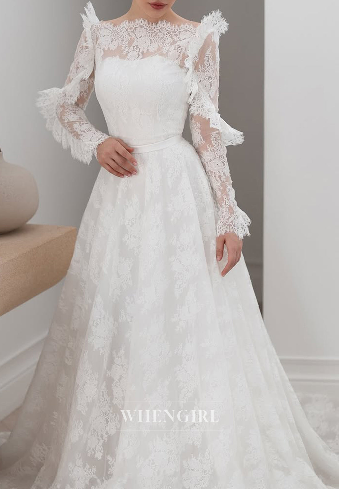 A-Line Bateau Neck Long Sleeves Appliqued Lace Wedding Dress with Court Train