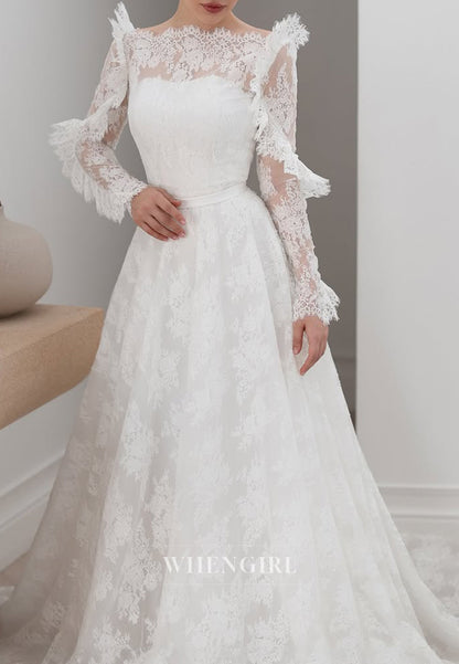 A-Line Bateau Neck Long Sleeves Appliqued Lace Wedding Dress with Court Train