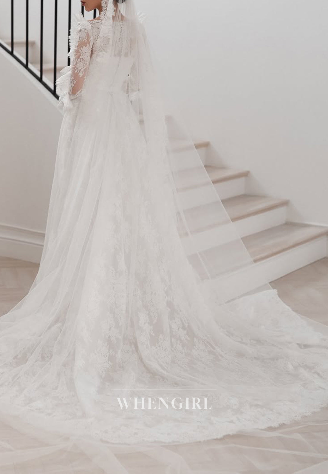 A-Line Bateau Neck Long Sleeves Appliqued Lace Wedding Dress with Court Train