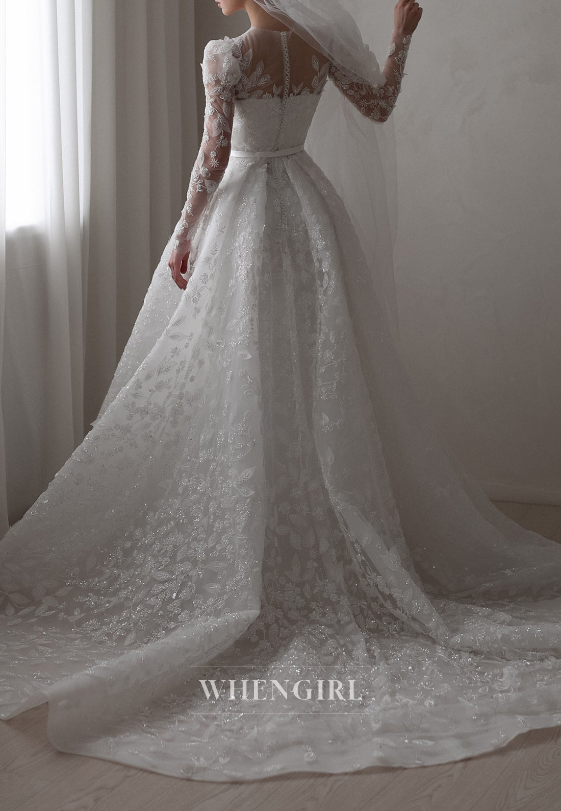 A-Line Appliqued Lace Long Sleeves Illusion Neck Court Train Beaded Wedding Dress