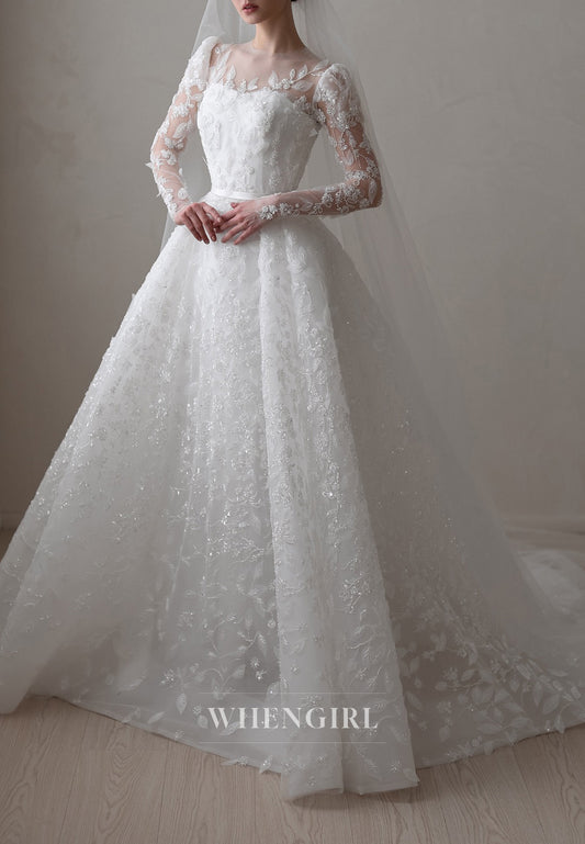 A-Line Appliqued Lace Long Sleeves Illusion Neck Court Train Beaded Wedding Dress
