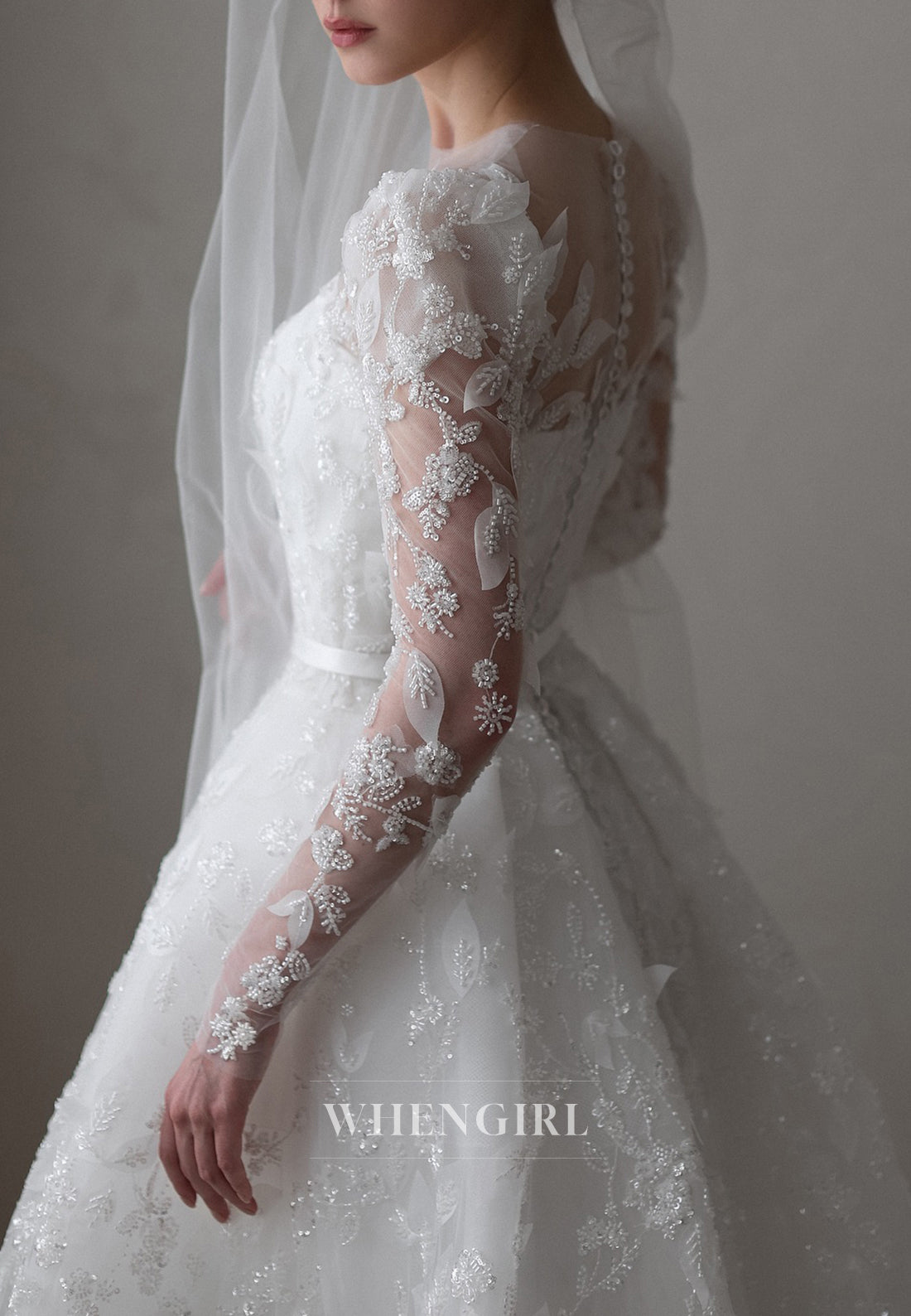 A-Line Appliqued Lace Long Sleeves Illusion Neck Court Train Beaded Wedding Dress