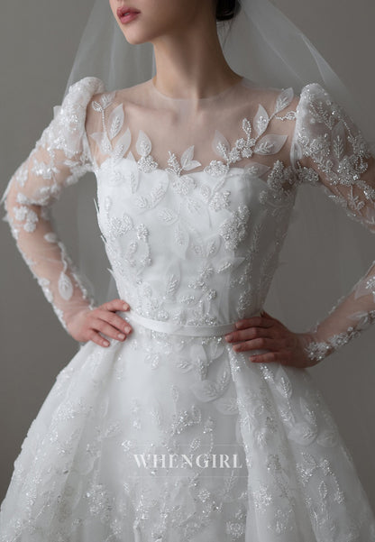 A-Line Appliqued Lace Long Sleeves Illusion Neck Court Train Beaded Wedding Dress