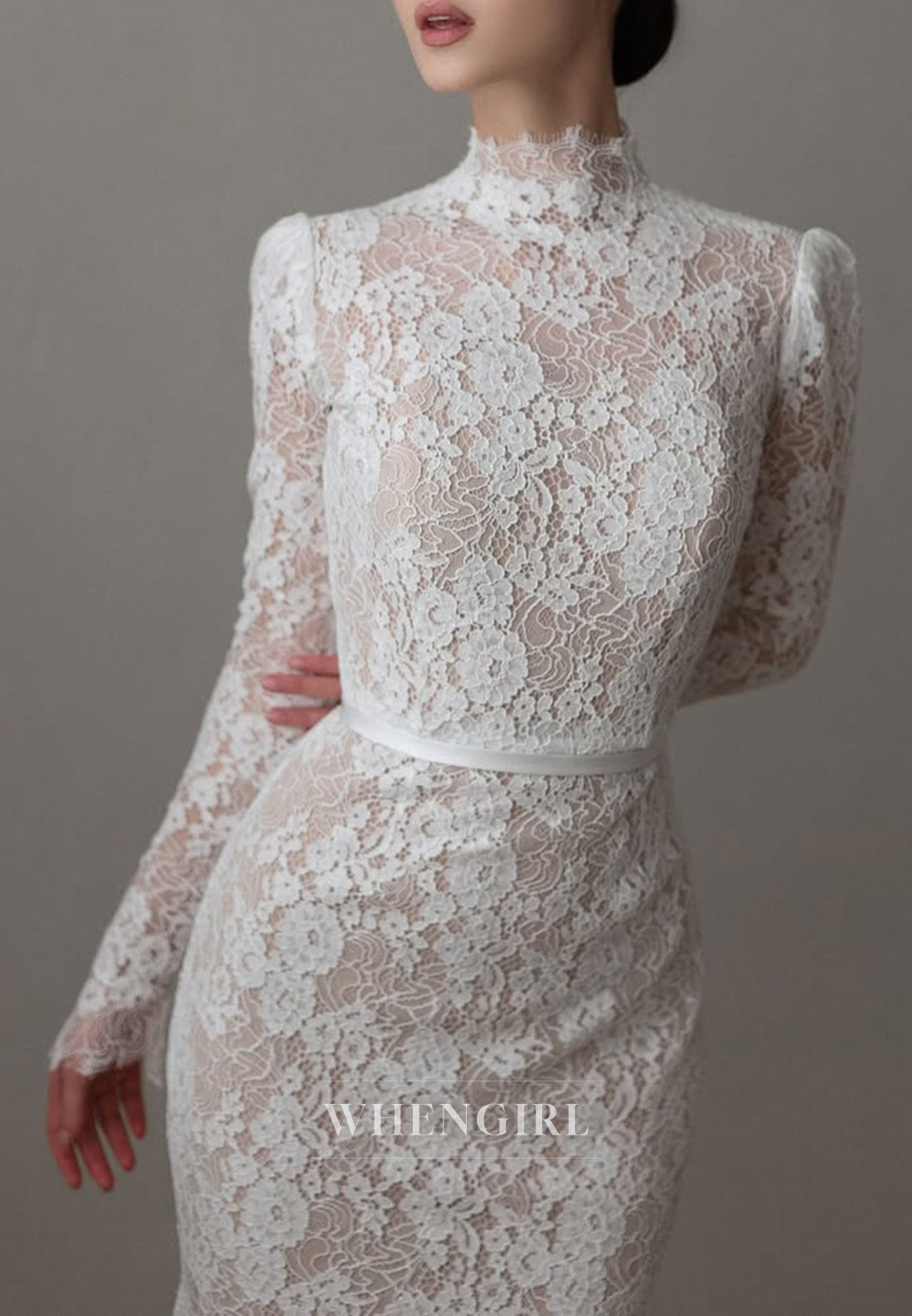 Lace High Neck Long Sleeves Court Train Mermaid Wedding Dress
