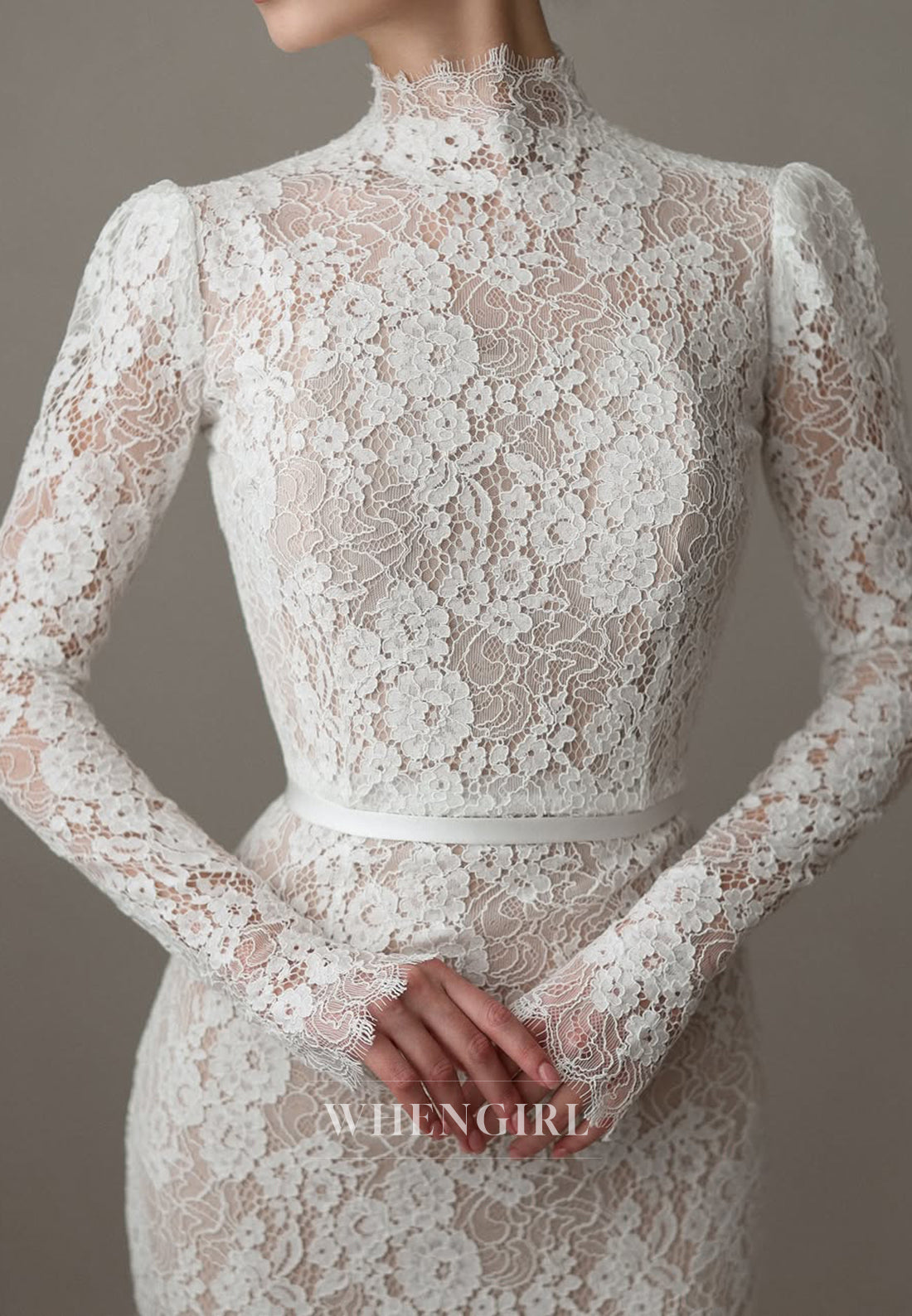 Lace High Neck Long Sleeves Court Train Mermaid Wedding Dress