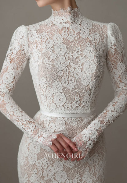 Lace High Neck Long Sleeves Court Train Mermaid Wedding Dress