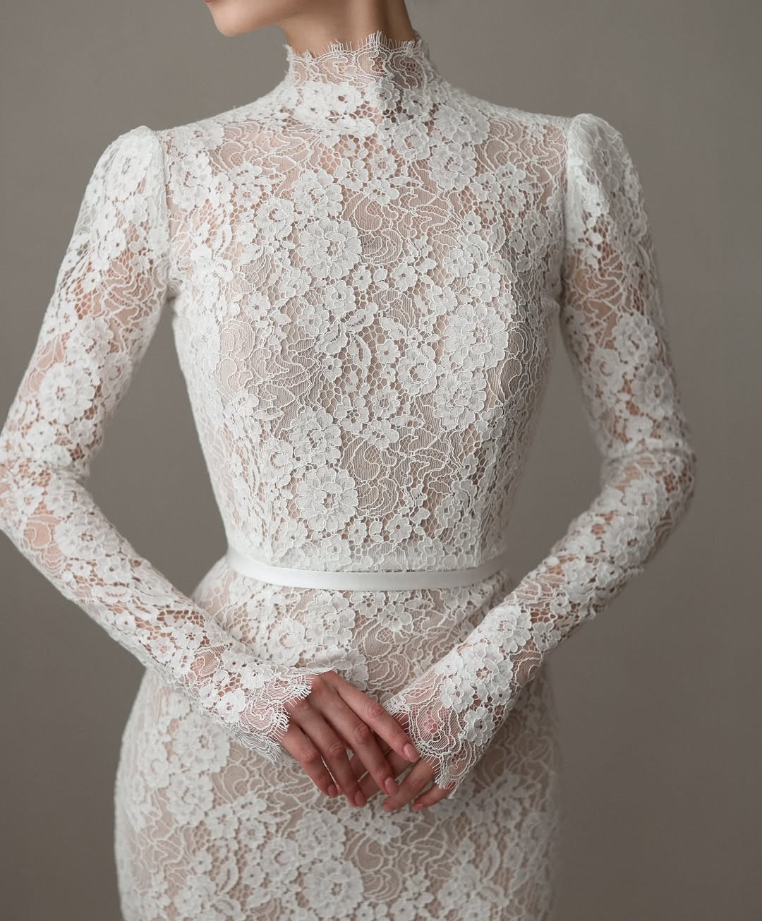 Lace High Neck Long Sleeves Court Train Mermaid Wedding Dress