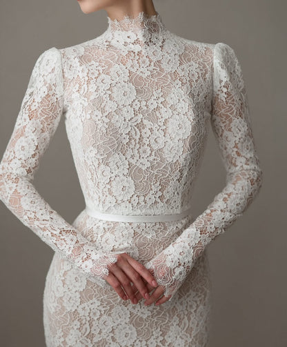 Lace High Neck Long Sleeves Court Train Mermaid Wedding Dress