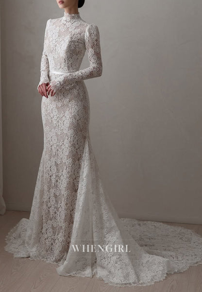 Lace High Neck Long Sleeves Court Train Mermaid Wedding Dress