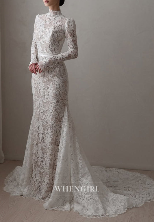 Lace High Neck Long Sleeves Court Train Mermaid Wedding Dress