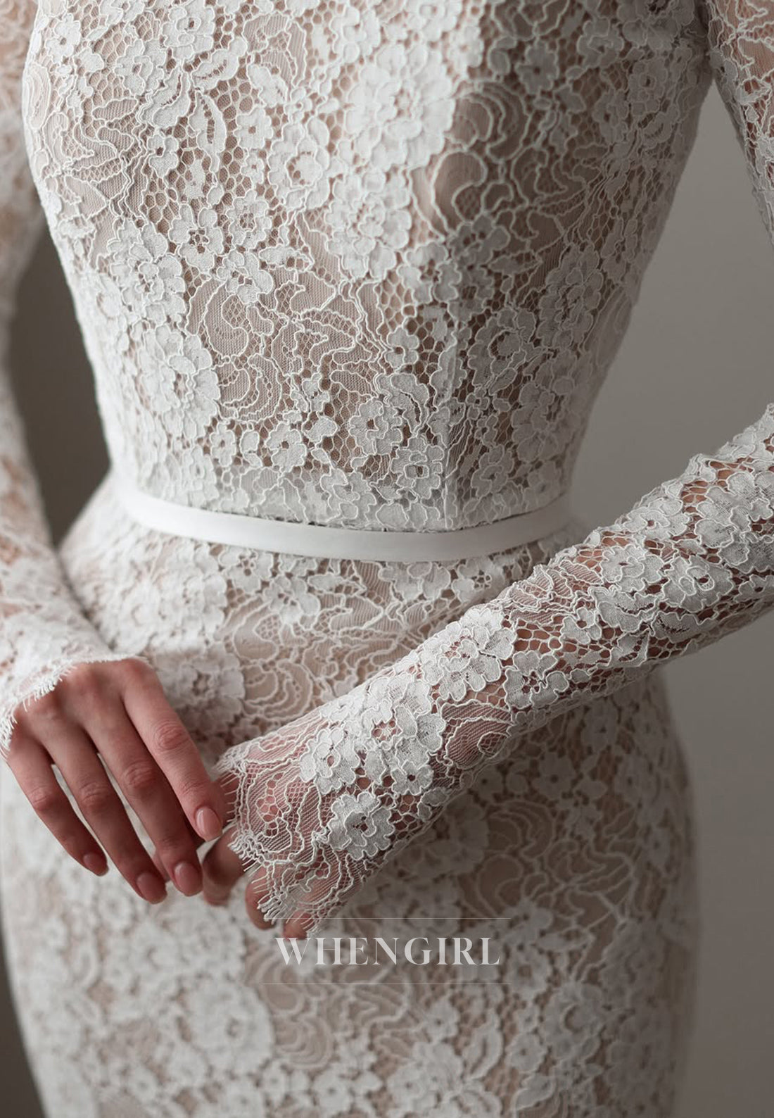 Lace High Neck Long Sleeves Court Train Mermaid Wedding Dress
