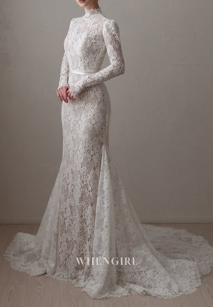 Lace High Neck Long Sleeves Court Train Mermaid Wedding Dress