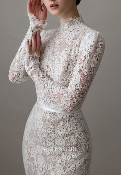 Lace High Neck Long Sleeves Court Train Mermaid Wedding Dress