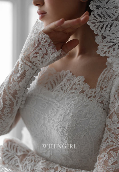 A-Line Square Neck Long Sleeves Appliqued Lace Buttons Court Train Wedding Dress