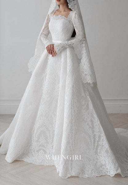 A-Line Square Neck Long Sleeves Appliqued Lace Buttons Court Train Wedding Dress