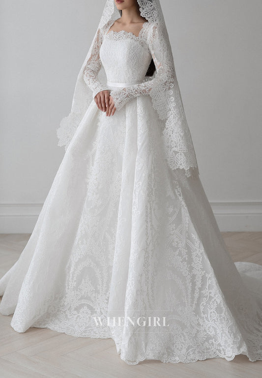 A-Line Square Neck Long Sleeves Appliqued Lace Buttons Court Train Wedding Dress