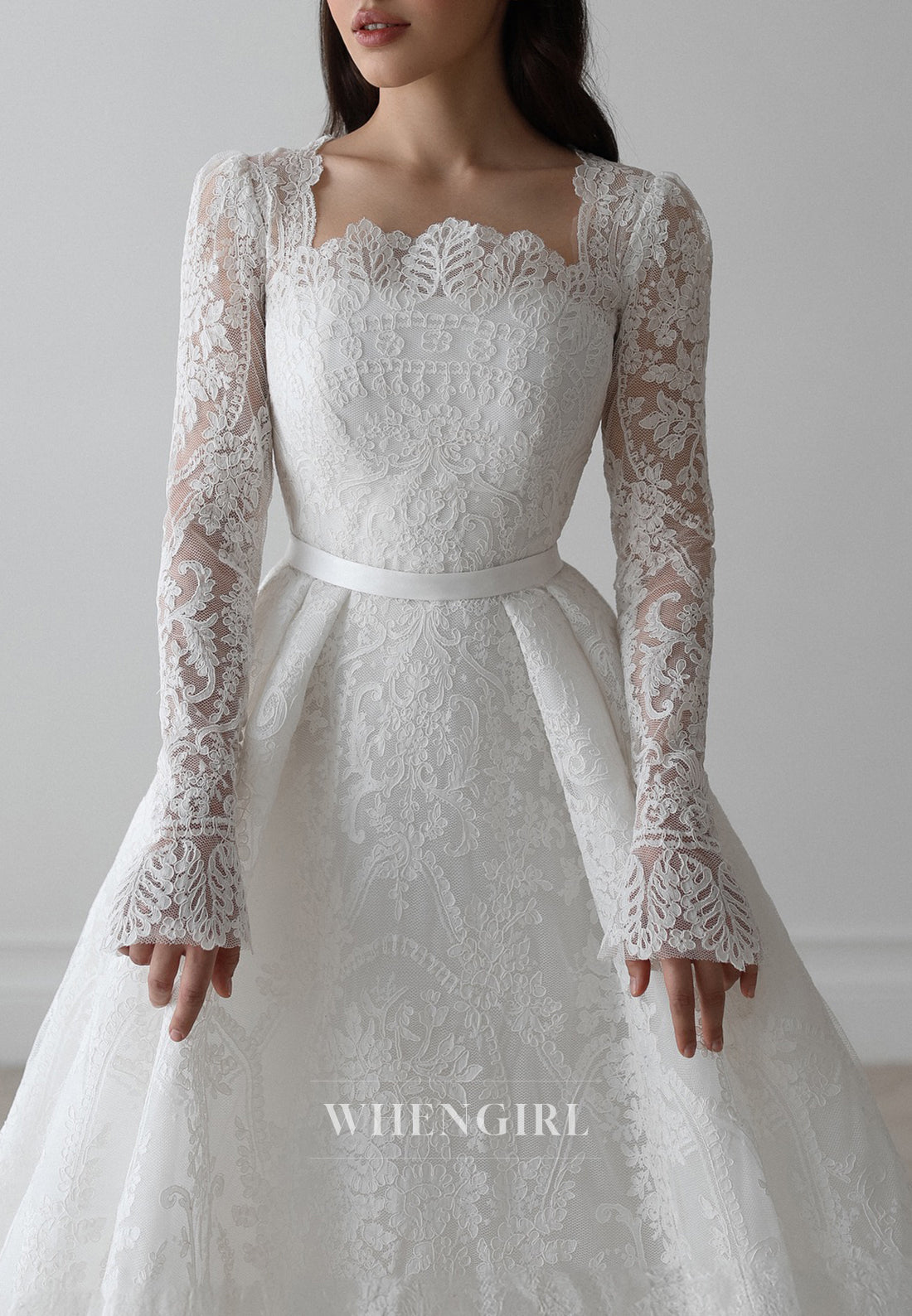 A-Line Square Neck Long Sleeves Appliqued Lace Buttons Court Train Wedding Dress