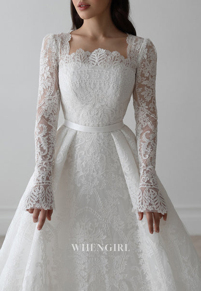 A-Line Square Neck Long Sleeves Appliqued Lace Buttons Court Train Wedding Dress