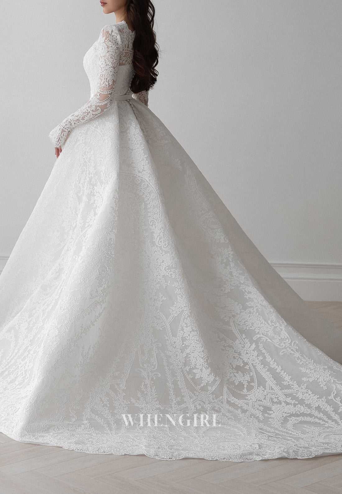 A-Line Square Neck Long Sleeves Appliqued Lace Buttons Court Train Wedding Dress