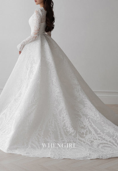 A-Line Square Neck Long Sleeves Appliqued Lace Buttons Court Train Wedding Dress