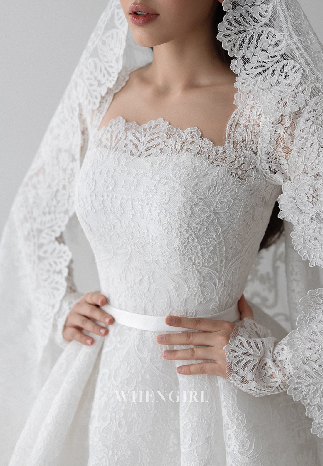 A-Line Square Neck Long Sleeves Appliqued Lace Buttons Court Train Wedding Dress