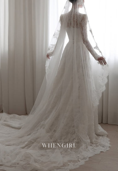 High Neck Long Sleeves Appliqued Lace A-Line Wedding Dress with Court Train