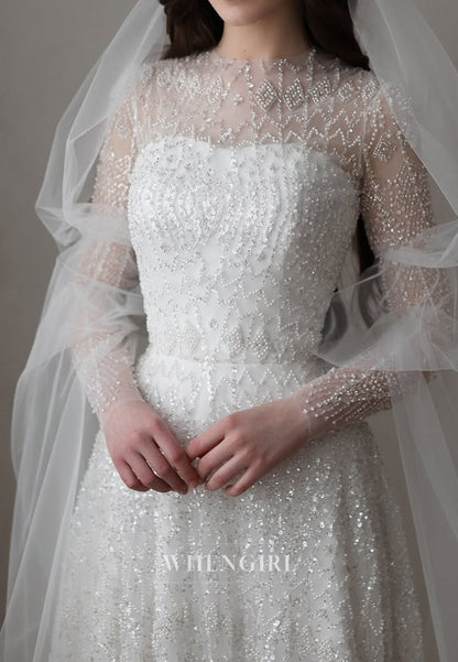 A-Line Bateau Neck Long Sleeves Court Train Wedding Dress