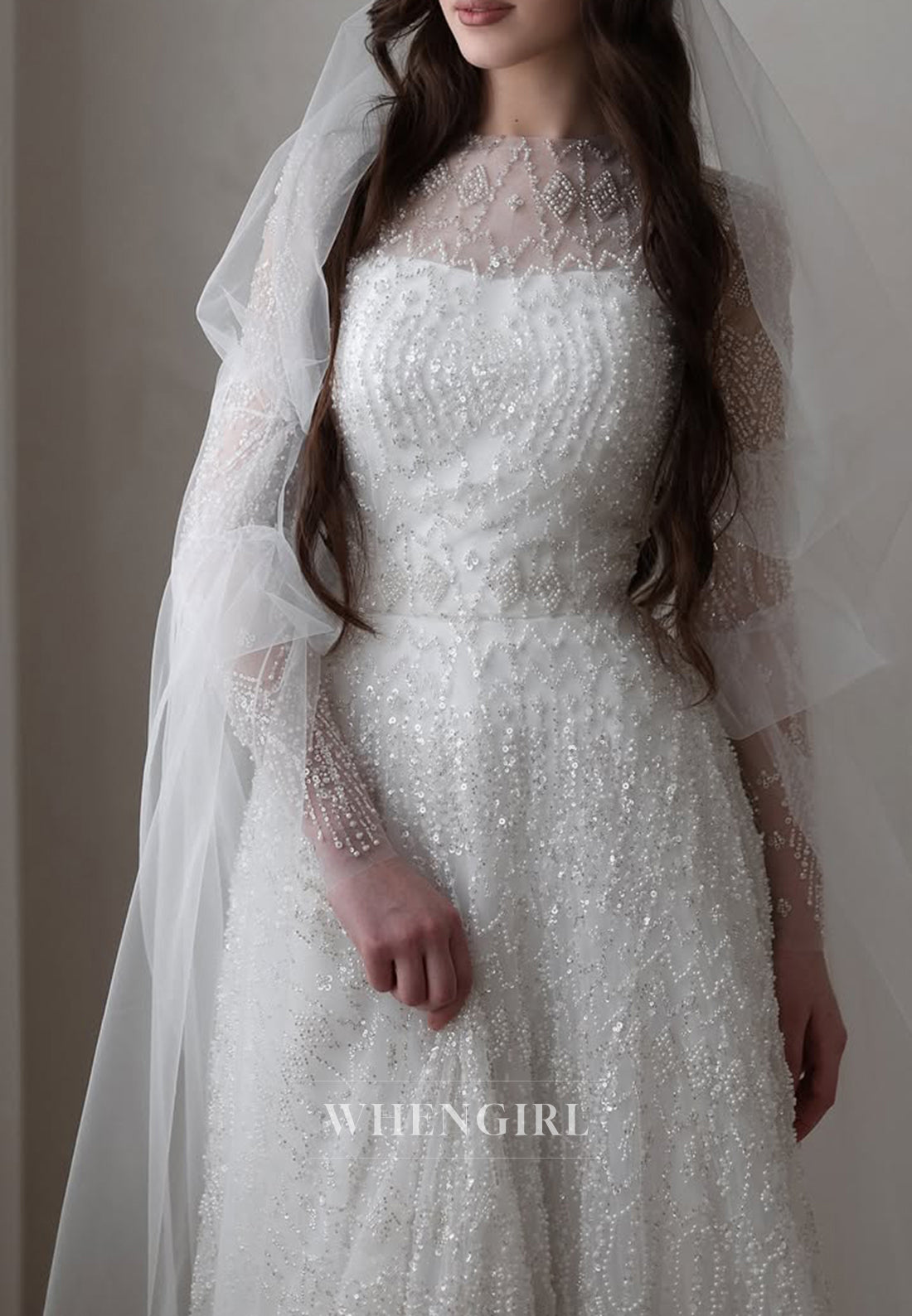 A-Line Bateau Neck Long Sleeves Court Train Wedding Dress
