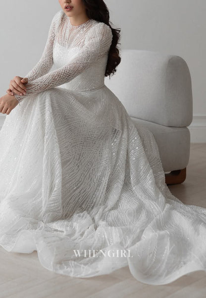 Sparkly A-Line Beaded Bateau Neck Long Sleeves Wedding Dress with Train