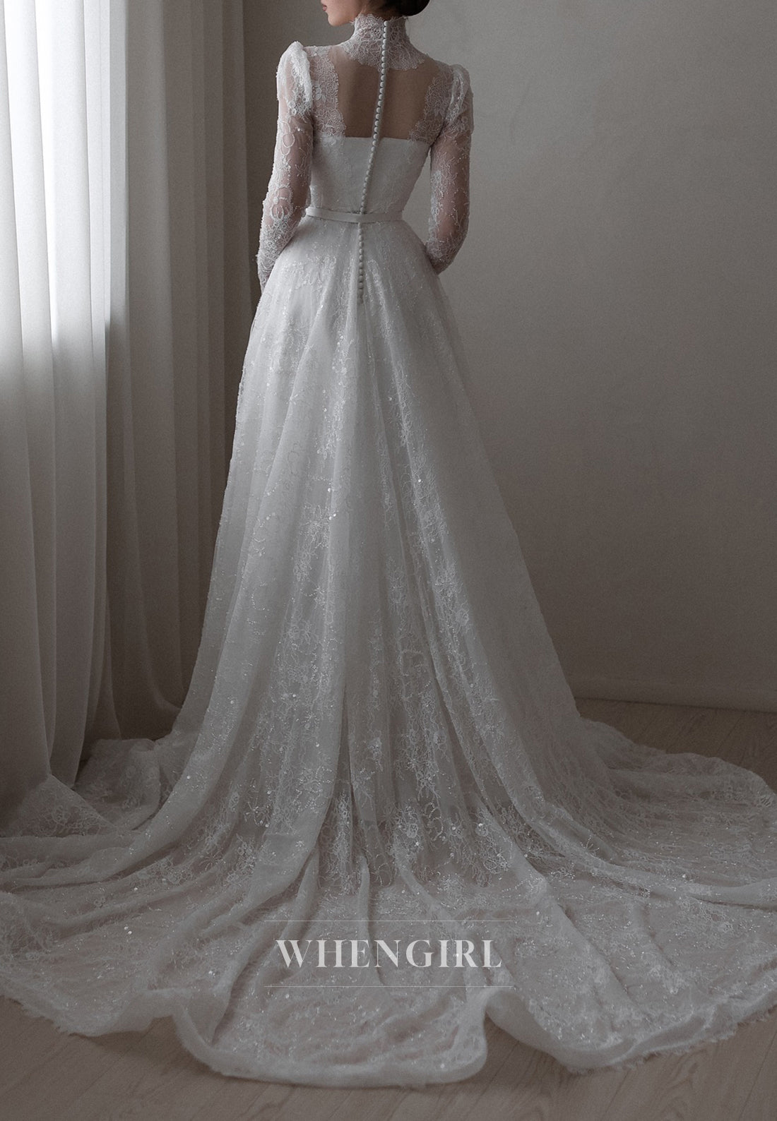 A-Line High Neck Long Sleeves Lace Court Train Buttons Beaded Wedding Dress