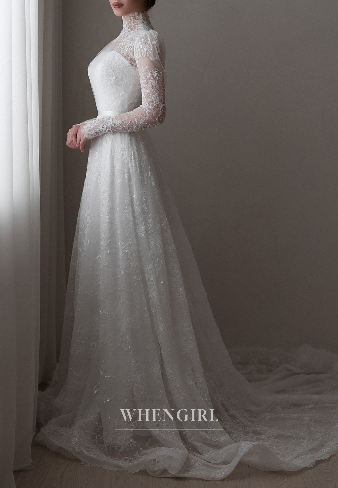 A-Line High Neck Long Sleeves Lace Court Train Buttons Beaded Wedding Dress