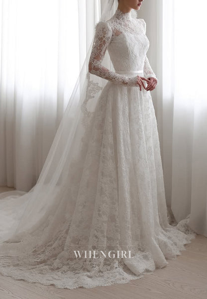 High Neck Long Sleeves Appliqued Lace A-Line Wedding Dress with Court Train