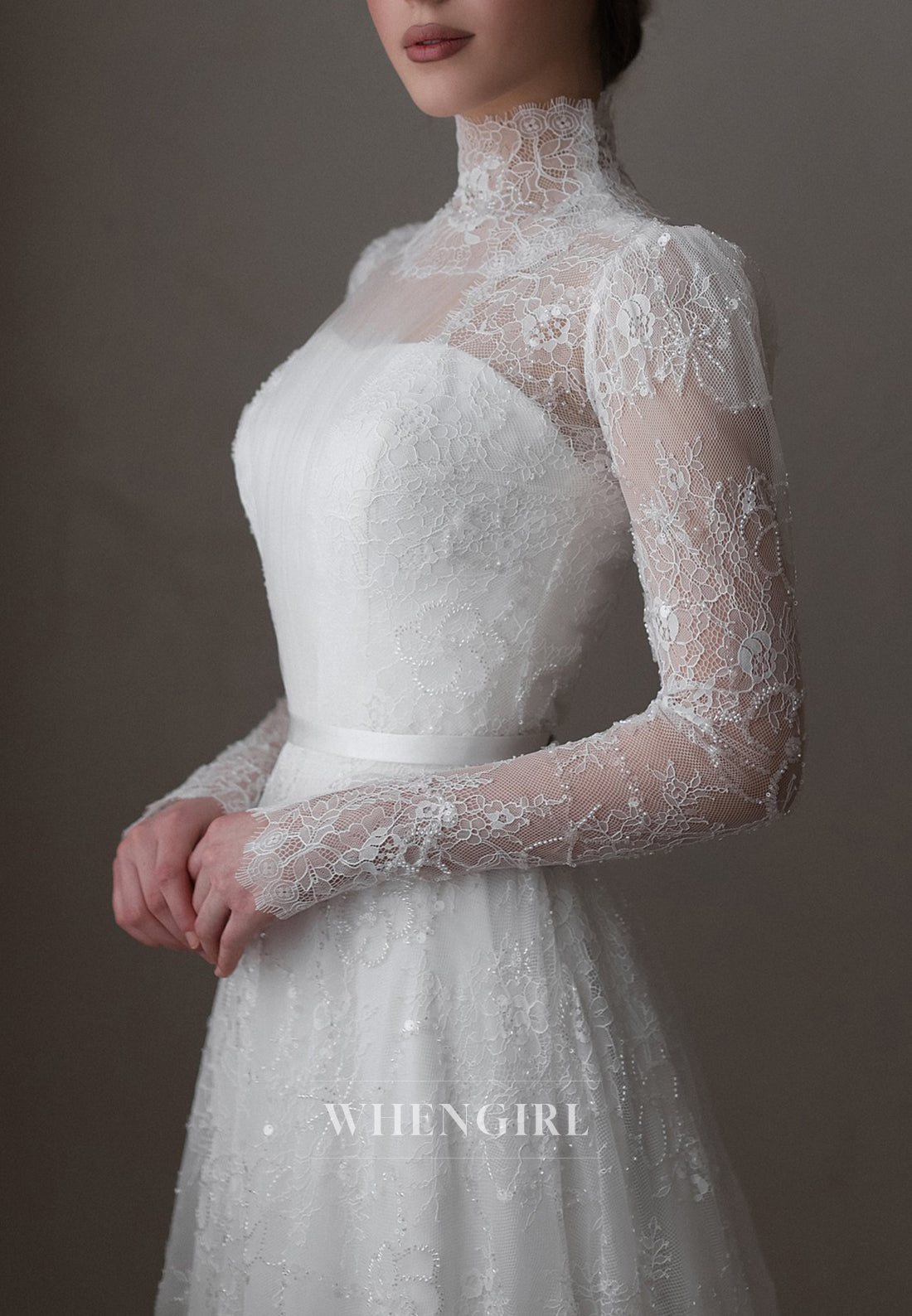 A-Line High Neck Long Sleeves Lace Court Train Buttons Beaded Wedding Dress