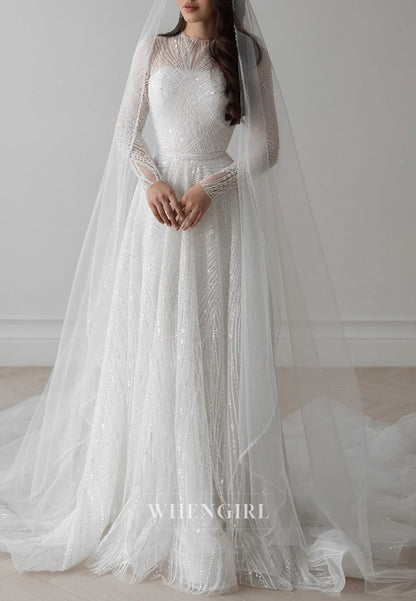 Sparkly A-Line Beaded Bateau Neck Long Sleeves Wedding Dress with Train