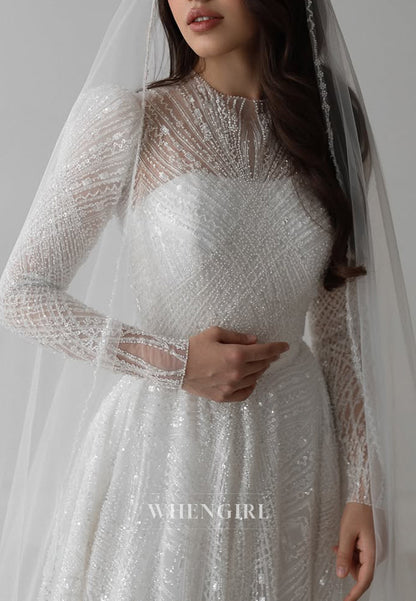 Sparkly A-Line Beaded Bateau Neck Long Sleeves Wedding Dress with Train