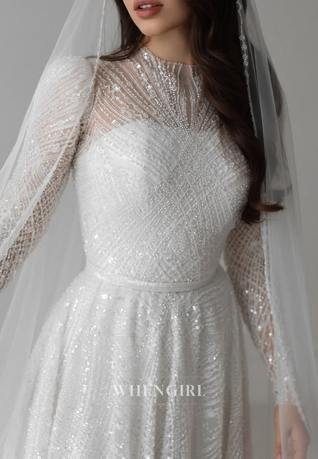 Sparkly A-Line Beaded Bateau Neck Long Sleeves Wedding Dress with Train