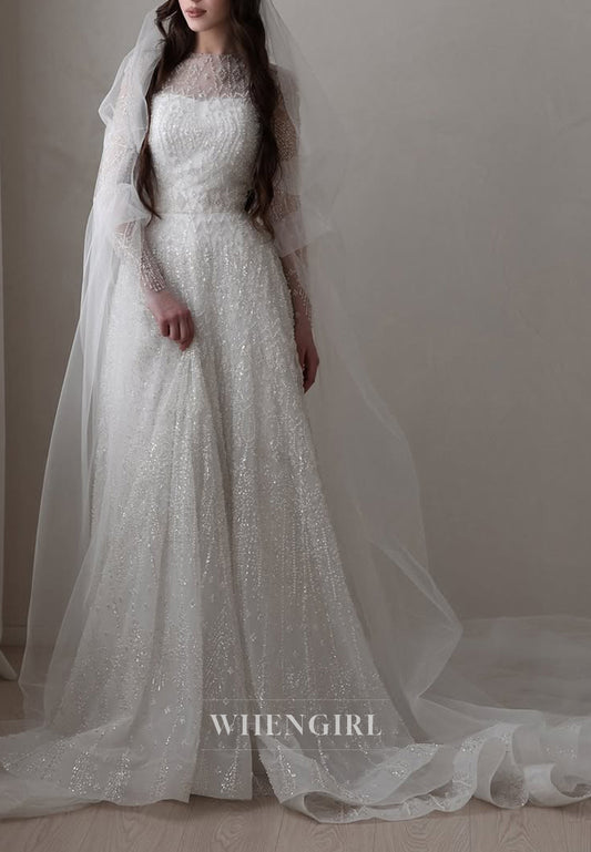 A-Line Bateau Neck Long Sleeves Court Train Wedding Dress