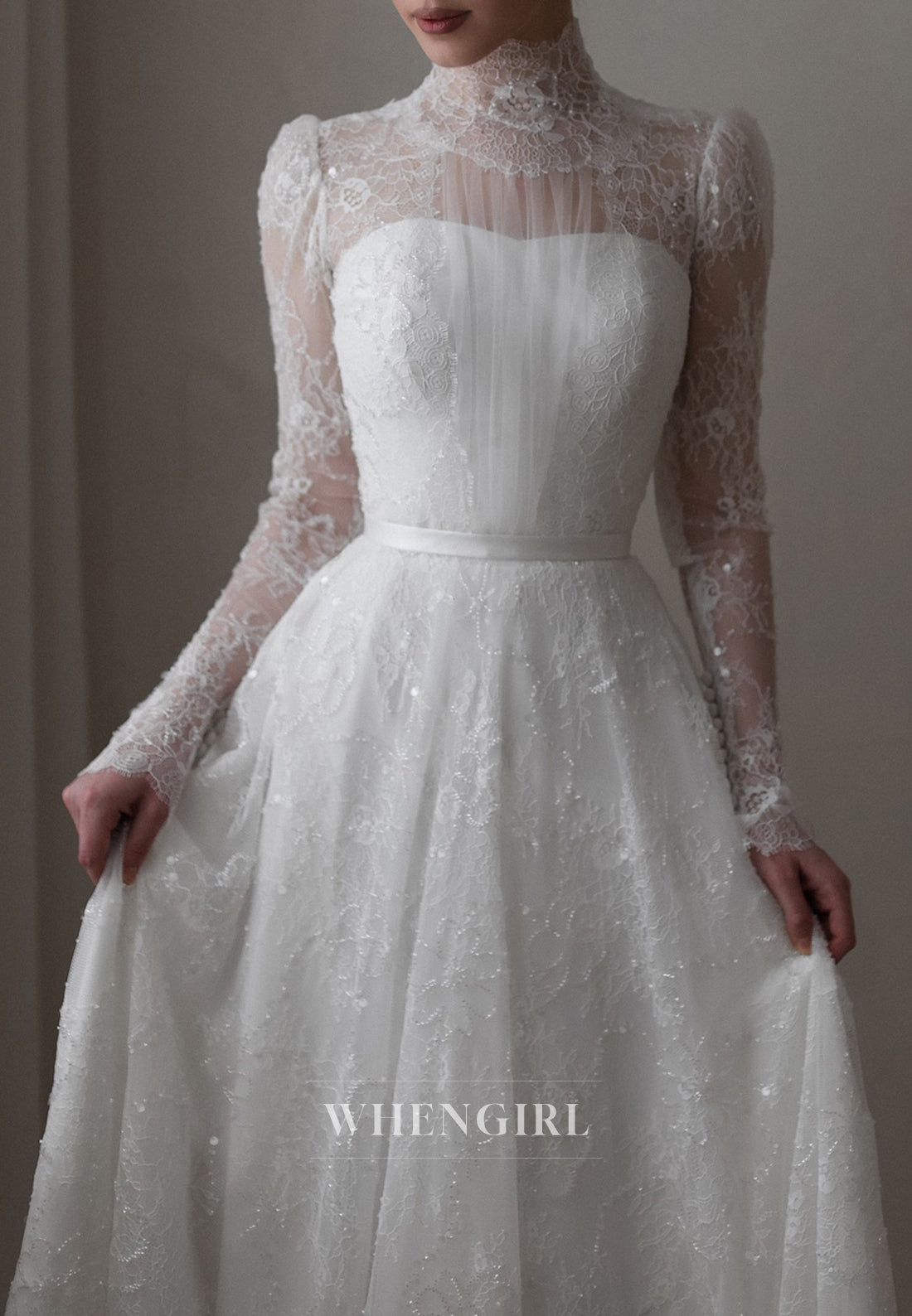 A-Line High Neck Long Sleeves Lace Court Train Buttons Beaded Wedding Dress