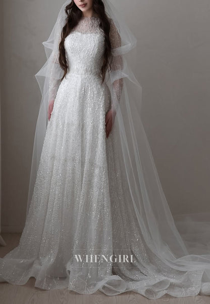 A-Line Bateau Neck Long Sleeves Court Train Wedding Dress