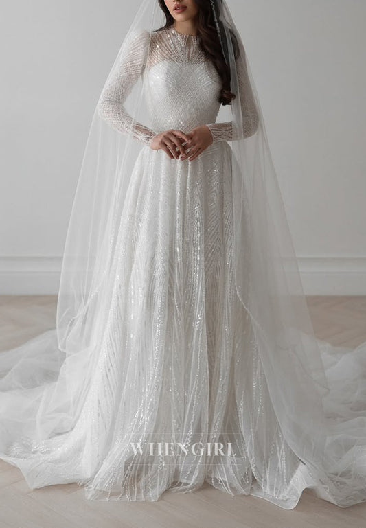 Sparkly A-Line Beaded Bateau Neck Long Sleeves Wedding Dress with Train