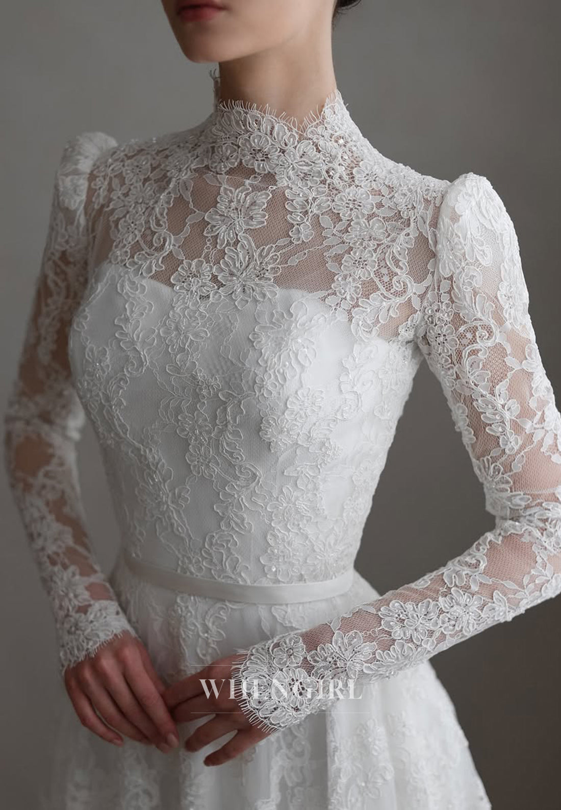 High Neck Long Sleeves Appliqued Lace A-Line Wedding Dress with Court Train