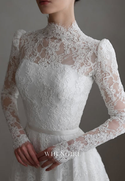 High Neck Long Sleeves Appliqued Lace A-Line Wedding Dress with Court Train