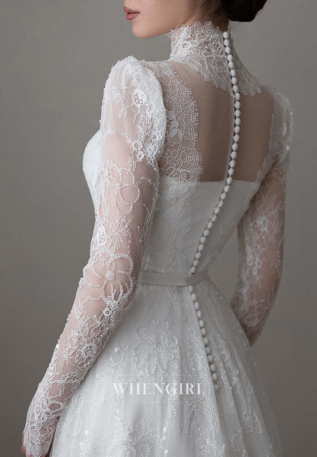 A-Line High Neck Long Sleeves Lace Court Train Buttons Beaded Wedding Dress