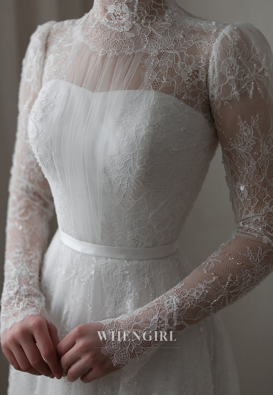 A-Line High Neck Long Sleeves Lace Court Train Buttons Beaded Wedding Dress