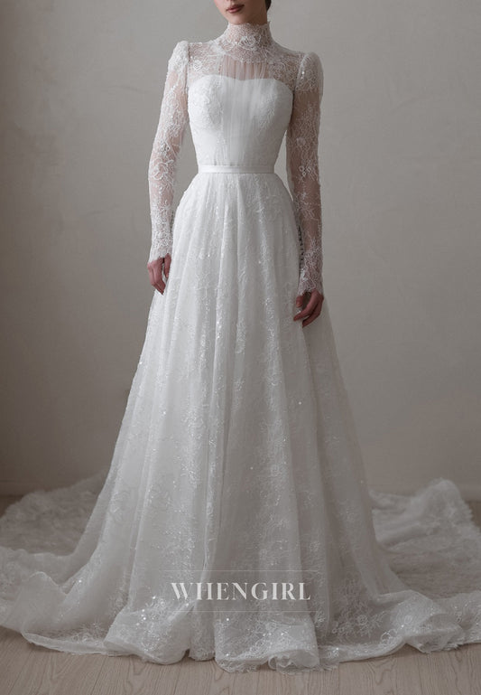 A-Line High Neck Long Sleeves Lace Court Train Buttons Beaded Wedding Dress
