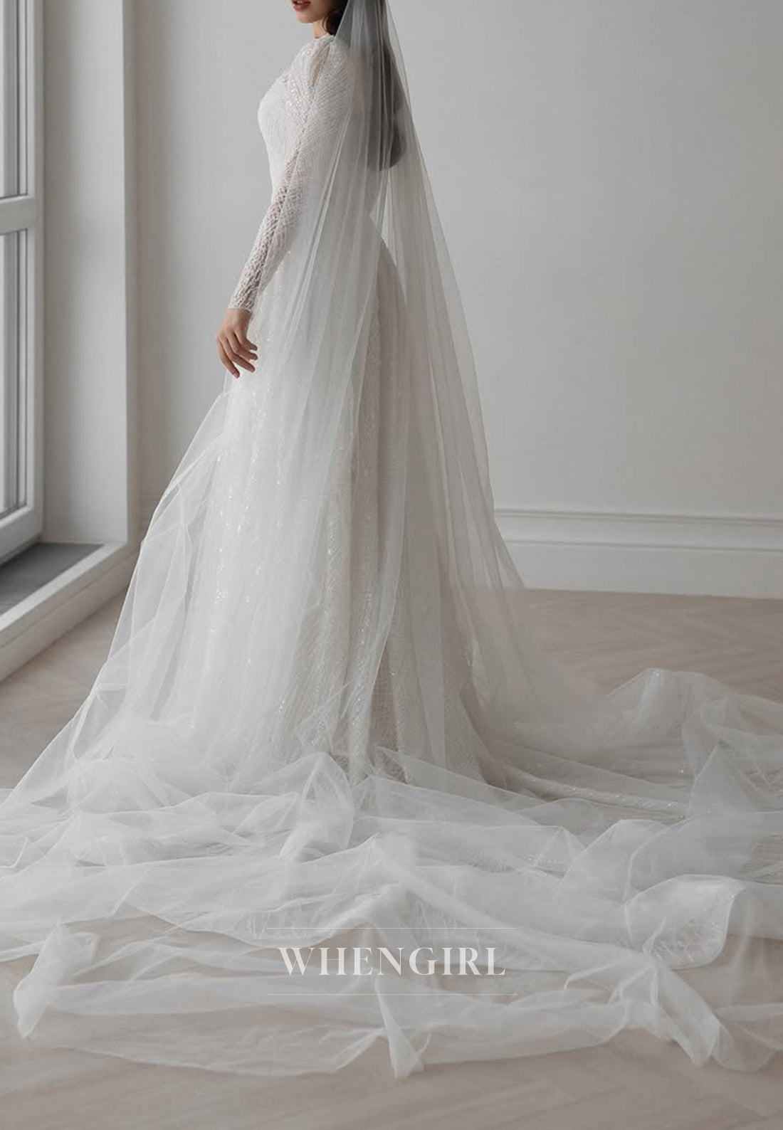 Sparkly A-Line Beaded Bateau Neck Long Sleeves Wedding Dress with Train
