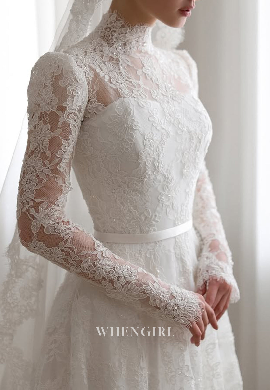 High Neck Long Sleeves Appliqued Lace A-Line Wedding Dress with Court Train