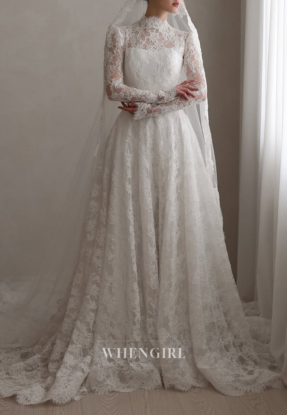 High Neck Long Sleeves Appliqued Lace A-Line Wedding Dress with Court Train