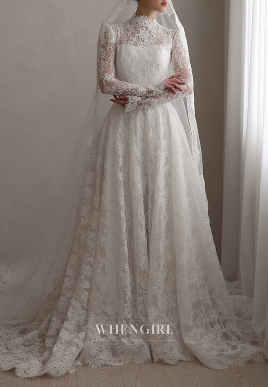 High Neck Long Sleeves Appliqued Lace A-Line Wedding Dress with Court Train